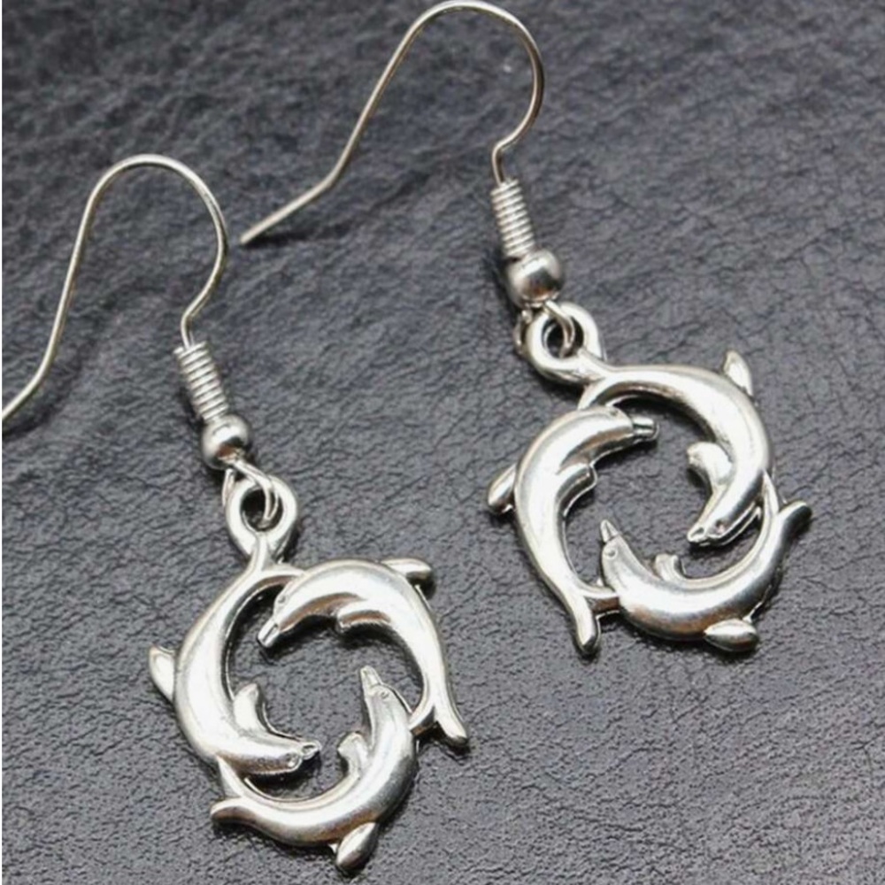 Silver Circle of Dolphins Boho Drop Earrings